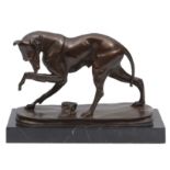 A CONTEMPORARY BRONZE SCULPTURE OF A GREYHOUND with a bandaged front leg, mounted on a marble plinth