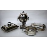 A SMALL QUANTITY OF SILVER PLATE consisting of a Regency spherical tea urn or samovar together