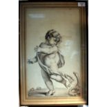 AN ANTIQUE CONTINENTAL WATERCOLOUR of a Putti being surprised by a snake, painted en grisaille,