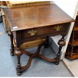 AN EARLY 18TH CENTURY STYLE OAK SIDE TABLE with single frieze drawer and turned legs united by a