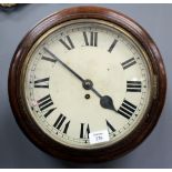 A SMALL VICTORIAN OR LATER OAK FRAMED WALL CLOCK, the white painted dial with black Roman