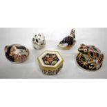 FOUR VARIOUS ROYAL CROWN DERBY PAPERWEIGHTS complete with boxes consisting of a frog, a quail, a