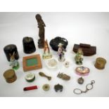 MISCELLANEOUS GROUP OF ITEMS to include a carved wooden figure of a lady washing her hair, a leather