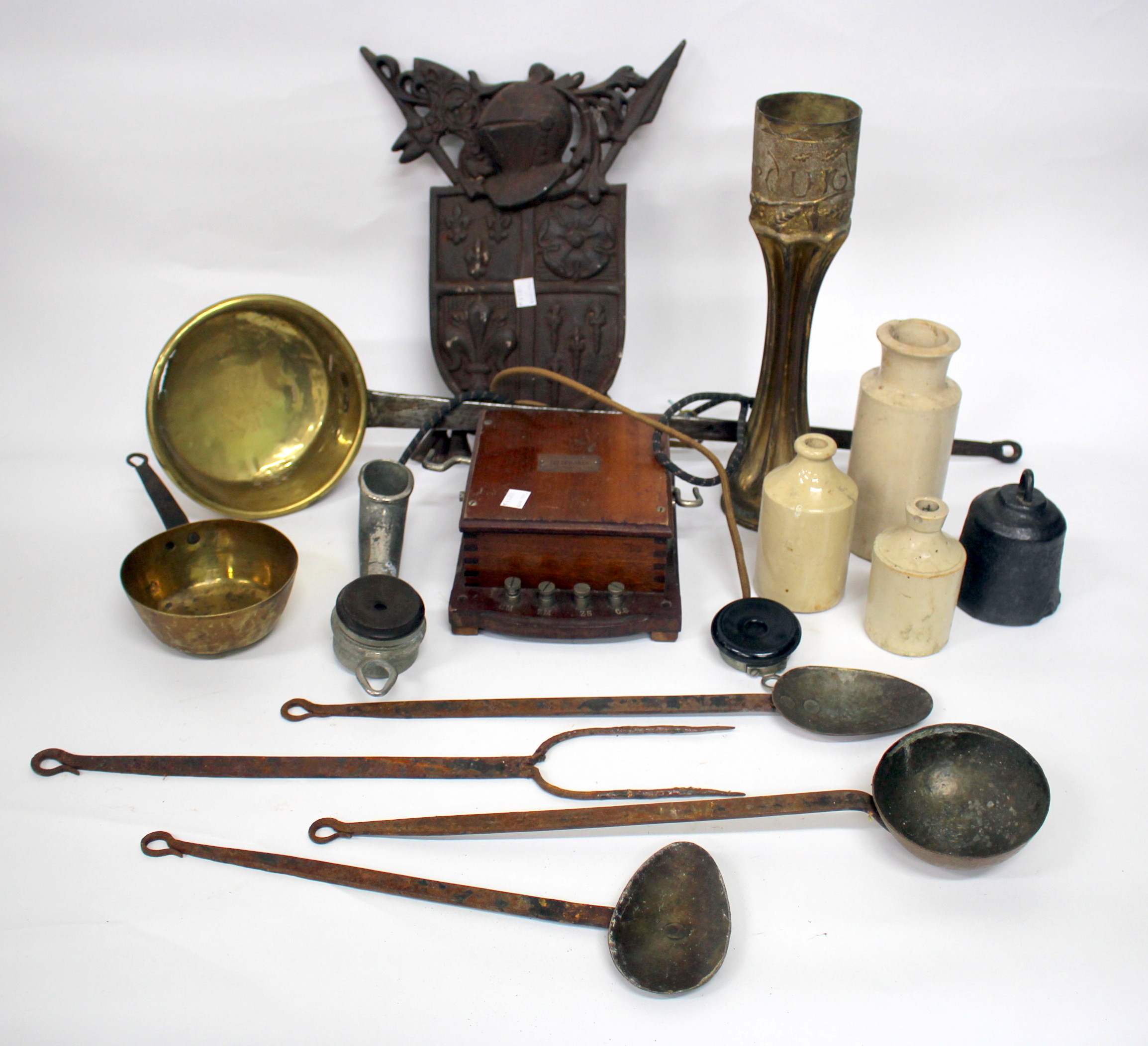 MISCELLANEOUS METALWARE to include a Trench Art vase together with an early 20th Century mahogany