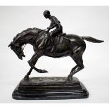 A BRONZE SCULPTURE OF A HORSE AND JOCKEY, signed Mene, on a stepped rectangular hardstone base,