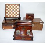 A 19TH CENTURY ROSEWOOD WRITING BOX together with a burr walnut writing box, an oak correspondence