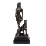 A CONTEMPORARY BRONZE SCULPTURE OF A SEMI-NUDE 'CLEOPATRA' standing with a panther on a lead,