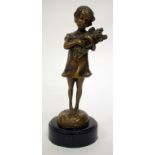 A BRONZE SCULPTURE OF A GIRL collecting flowers on a cylindrical hardstone base, indistinctly signed