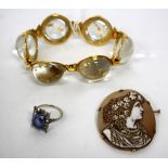 A CONTEMPORARY GILT METAL AND GLASS BANGLE, decorative ring and a cameo (3)