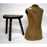 AN EARLY 20TH CENTURY MANNEQUIN 48cm in height together with a milking stool (2)