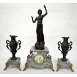 A LATE 19TH/EARLY 20TH CENTURY MARBLE GARNITURE DE CHEMINEE CLOCK, the clock mounted with le langage