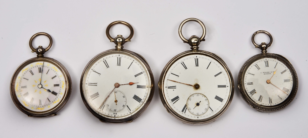 19th Century silver pocket watch with enamel dial and engine turned case, together with three