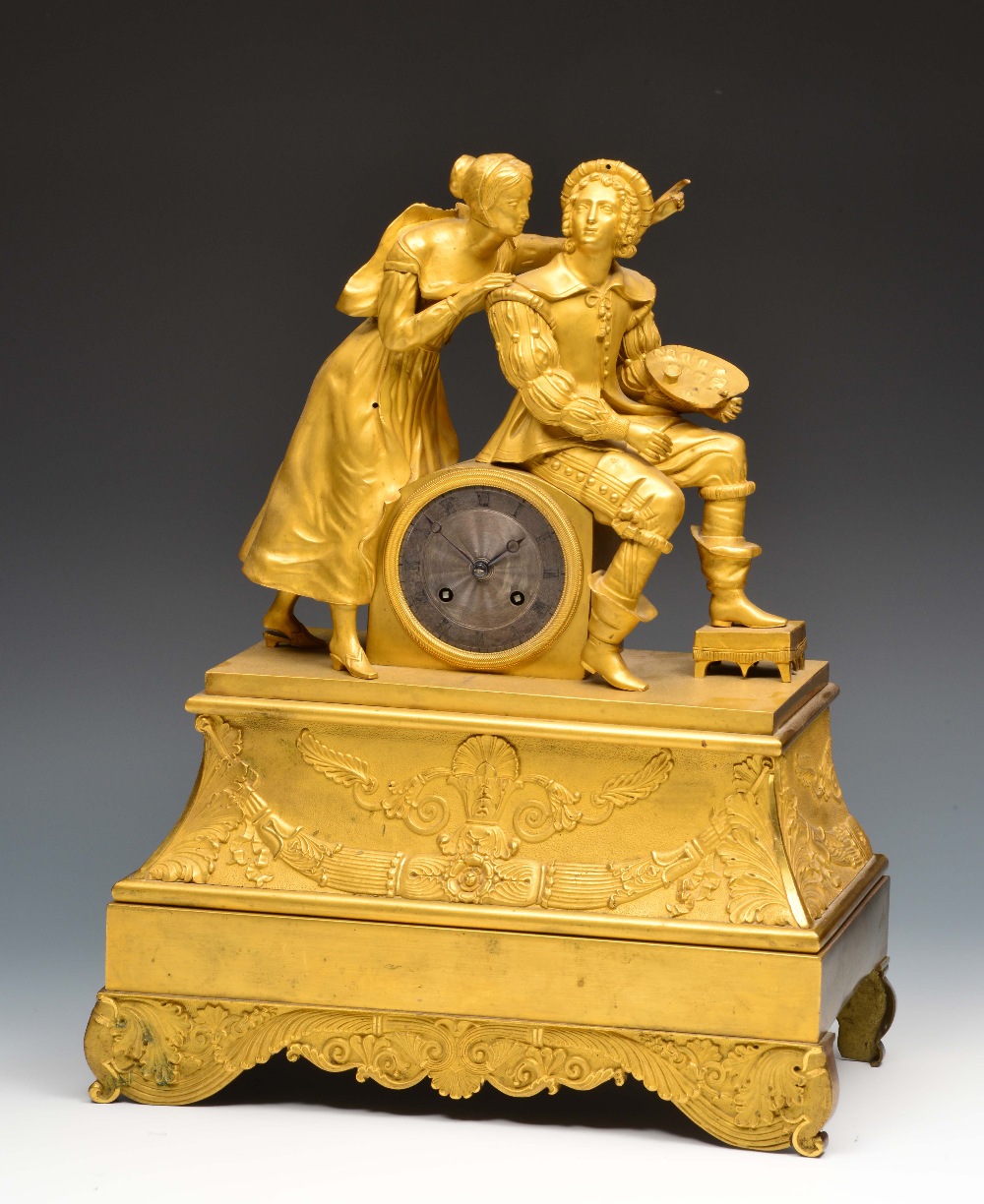 A French Restoration period ormolu mantel clock with engine turned silvered Roman dial, the twin
