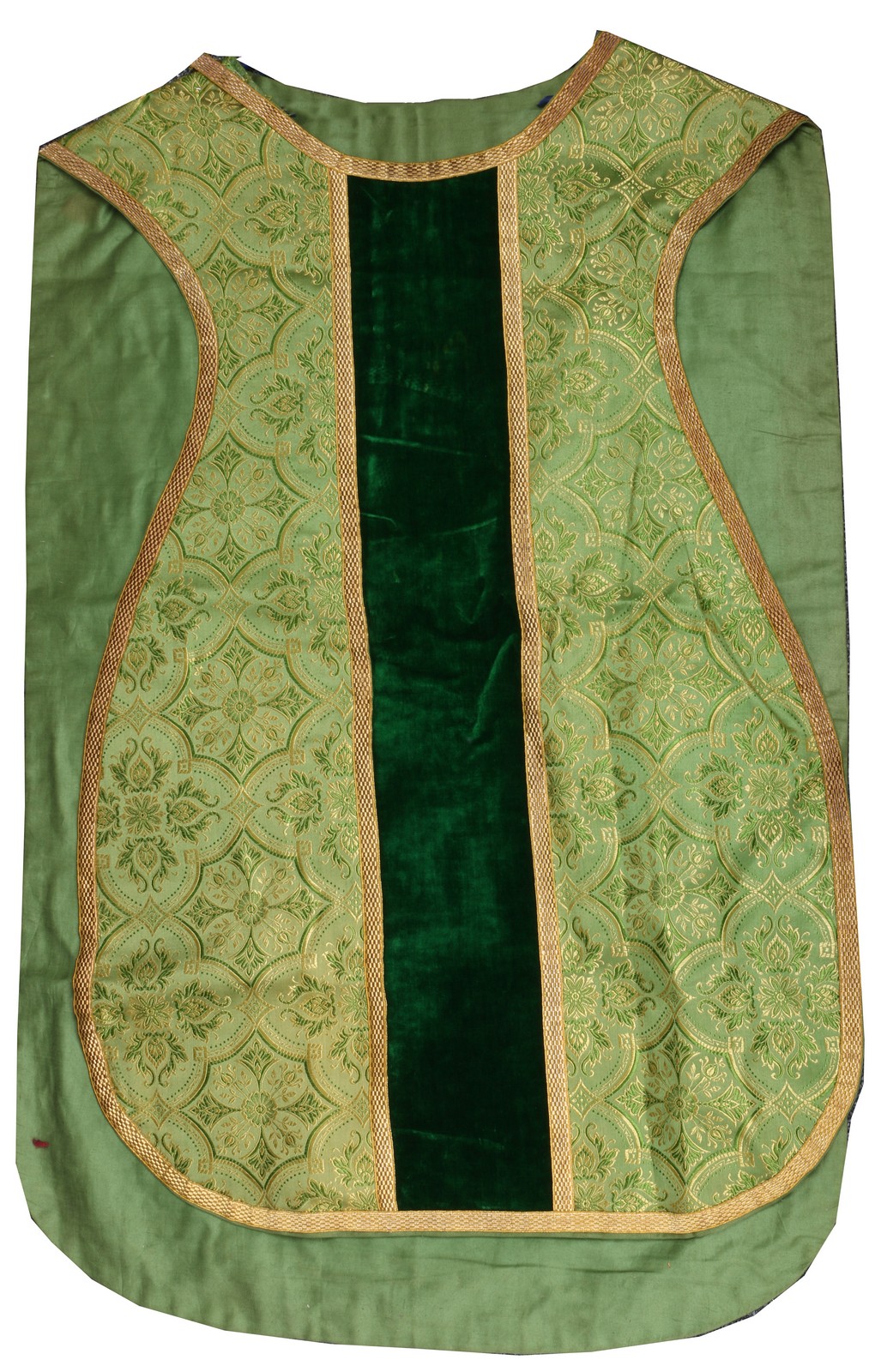 A GREEN VELVET AND NEEDLEWORK PRIEST'S VESTMENT, another and three further pieces of