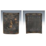 A CHINESE LACQUERED WOOD INK BLOCK, perhaps 18th Century, of seated Bhuddha and characters, 9 x 7cm