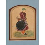 AN INDIAN MINIATURE painted with an archer wearing floral pattern mauve tunic and green turban,