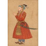 AN INDIAN MINIATURE PAINTING of a nobleman in red tunic with sword, 16.5 x 10cm, framed; and another