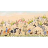 A SET OF SIX MIDDLE EASTERN WATERCOLOURS depicting Nomadic tribesmen with animals, 12 x 23cm,