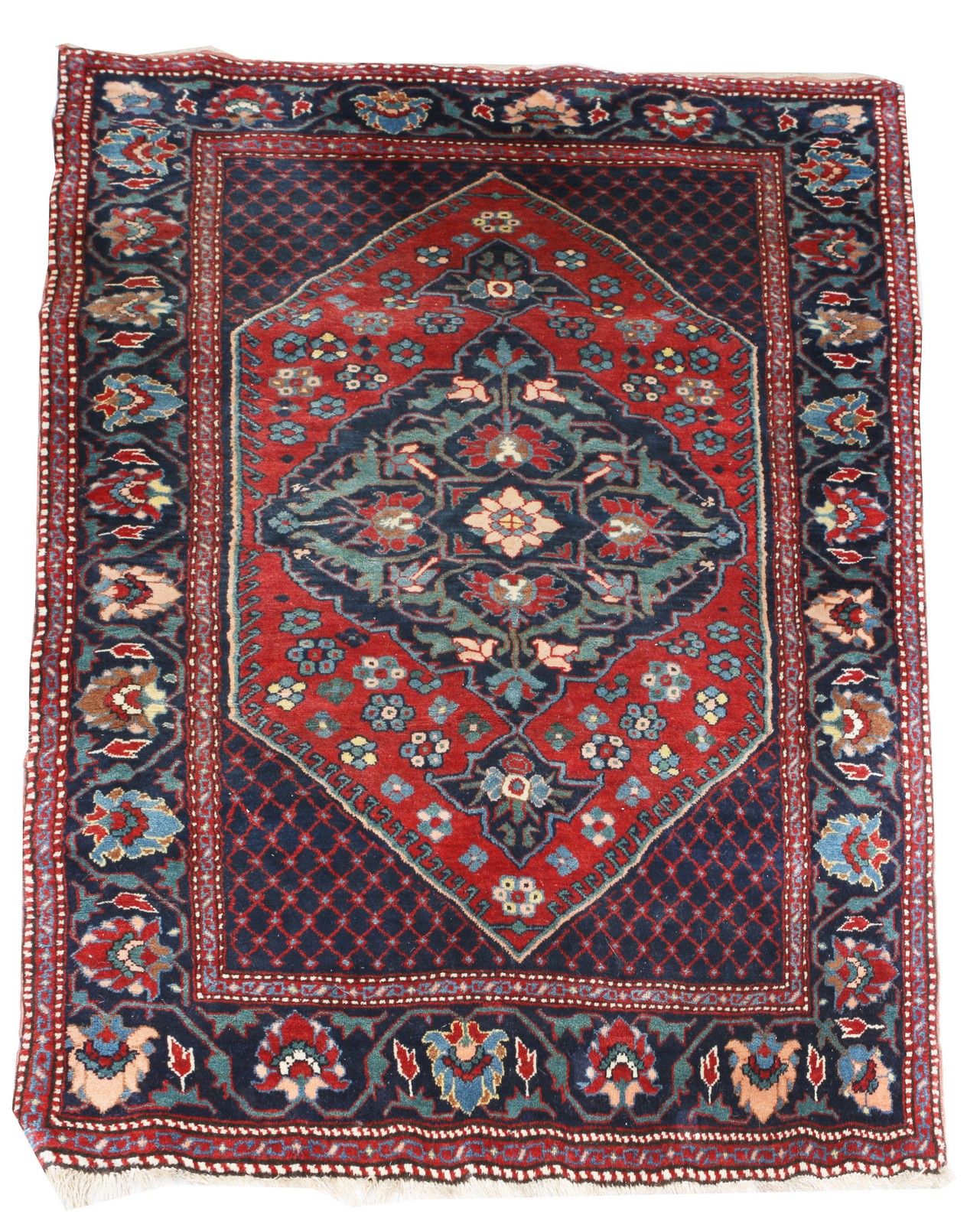 AN ANTIQUE CAUCASIAN KARABAGH RED GROUND RUG with a central diamond medallion and palmett main