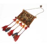 A QASHQ'AI SALT BAG with a simple hooked motif and attached polychrome tassels, 26 x 31cm