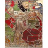 AN ANTIQUE RECTANGULAR COMPOSITE STAINED GLASS PANEL, depicting a fragment of The Last Supper,