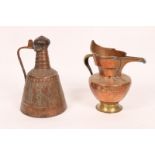 AN ANTIQUE MIDDLE EASTERN BEATEN COPPER EWER with open handle and multiple figure decoration,