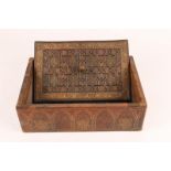 A STUDLAND LEATHER BOUND STATIONERY BOX with gilded scrolling geometric decoration, 38cm wide