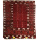 AN ERSARI WINE GROUND RUG with a central fish bone and hooked motif within a geometric border, 213 x