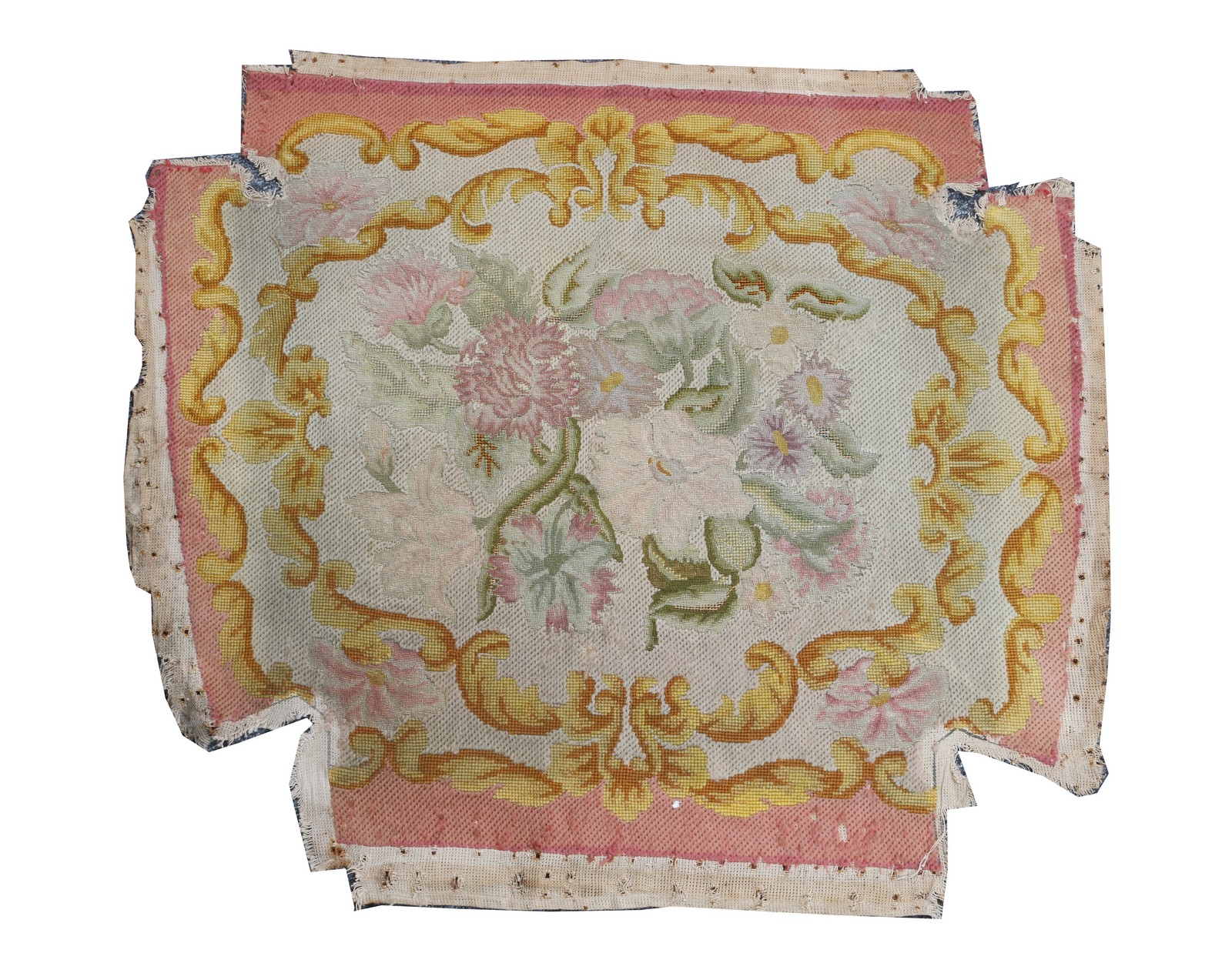 A COLLECTION TO INCLUDE five needlework seat covers, a gold thread pelmet with wheatear decoration