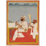 AN INDIAN MINIATURE painted with seated Maharaja with hookah pipe, an attendant fan bearer behind,