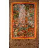 A TIBETAN THANKA, the polychrome central panel with detailed Deity and symbolic decoration within