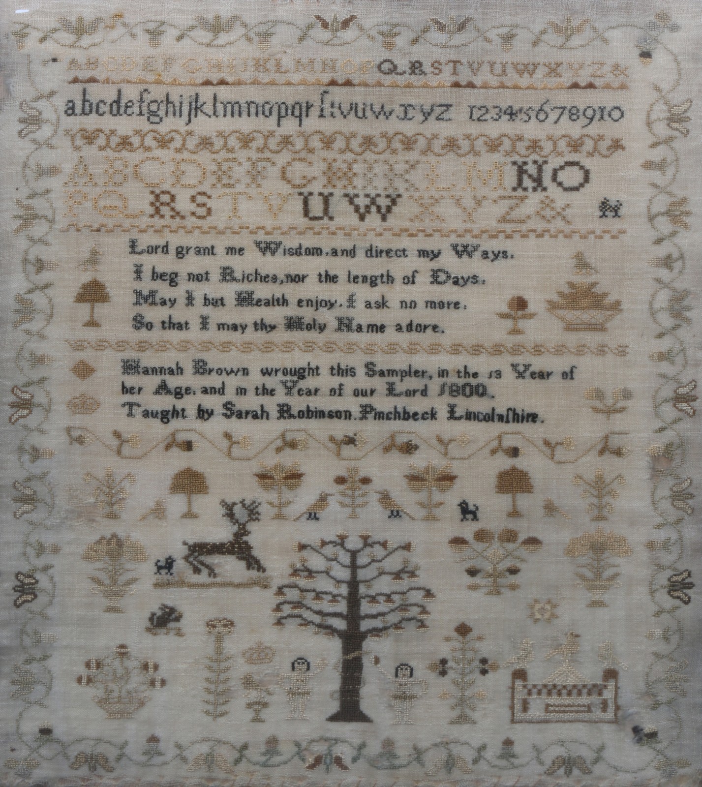 A GEORGE III NEEDLEWORK SAMPLER with alphabet and prayer inscribed 'Hannah Brown Wrought This