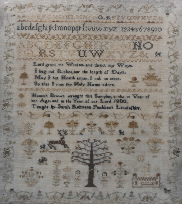 A GEORGE III NEEDLEWORK SAMPLER with alphabet and prayer inscribed 'Hannah Brown Wrought This - Image 2 of 2