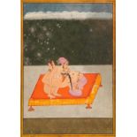 AN INDIAN EROTIC PAINTING, Maithuna-Asana, perhaps early 18th Century Rajasthan, 18 x 12cm, framed