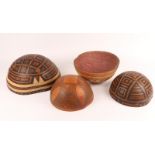 A GROUP OF FOUR NIGERIAN CALABASHES with stylised geometric decoration, three Fulani and one Hona,