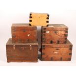 THREE METAL BOUND PINE TRAVELLING TRUNKS with lined interiors by Jeffcoat Brothers, two so labelled,