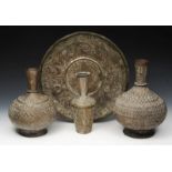 A GROUP OF OLD MIDDLE EASTERN SILVERED COPPERWARE TO INCLUDE a circular tray, 38cm diameter, a
