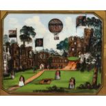 A 19TH CENTURY REVERSE GLASS PAINTING 'Ballooning Over a Castle' with coloured reflecting foils,