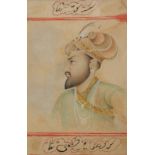 A MOGHUL PORTRAIT of Shah Jahan with inscription, framed, 19 x 12.5cm