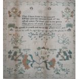 A CHILD'S NEEDLEWORK SAMPLER by Sarah Ives 1829 with poem angel and foliate decoration in wooden