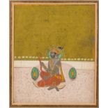 AN INDIAN MINIATURE PAINTING of a Nobleman with bow and arrow seated in a garden, gouache on