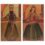 A PAIR OF PERSIAN QAJAR PORTRAITS of a nobleman and his wife, oil on canvas, 82 x 46cm