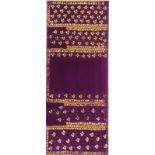 AN INDIAN PARSEE EMBROIDERED PURPLE SILK PANEL with pink, yellow and green trailing flower