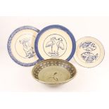 A GROUP OF THREE MBEYA (TANZANIA) BLUE AND WHITE POTTERY PLATES with bird, animal and fish