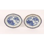 A PAIR OF LATE 18TH/EARLY 19TH CENTURY CHINESE BLUE AND WHITE PORCELAIN DISHES, each decorated a