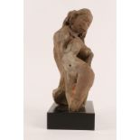 AN ANTIQUE INDIAN CARVED SANDSTONE MODEL of a female Deity, 28cm high on a wooden plinth