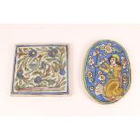 A MIDDLE EASTERN RECTANGULAR TILE with painted bird and foliate decoration, 24.5 x 23cm and an