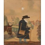 A GEORGE SMART CLOTH AND VELVET PICTURE of an old man leading a donkey in a village landscape,