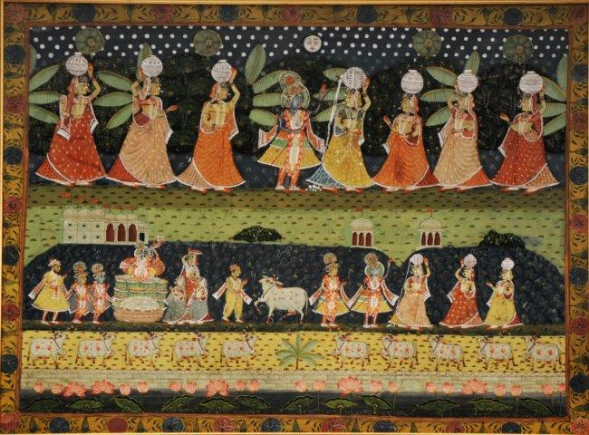 AN INDIAN LARGE RECTANGULAR WATERCOLOUR ON MATERIAL of processing figures in a foliate ground, 66