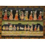 AN INDIAN LARGE RECTANGULAR WATERCOLOUR ON MATERIAL of processing figures in a foliate ground, 66